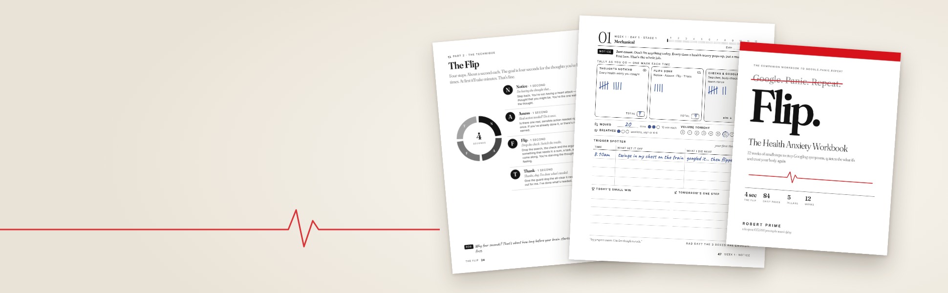 The Flip workbook cover beside two inside pages: The Flip technique and a filled-in Day 1 page