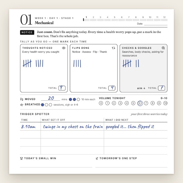 A filled-in Day 1 page from Flip: The Health Anxiety Workbook
